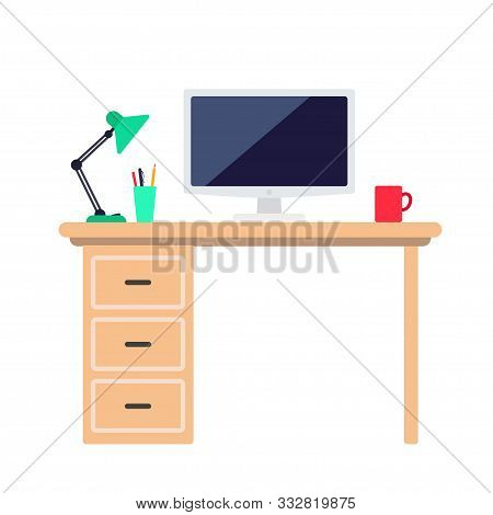 Workspace With Desk And Computer Vector Illustration