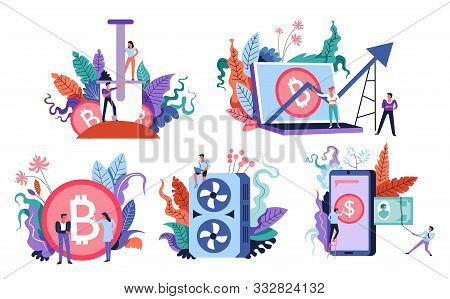Bitcoin Mining And Marketplace, Digital Currency Stock Exchange, Isolated Icons