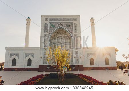 Beautiful White Minor Mosque In Tashkent On A Sunny Day, Uzbekistan.