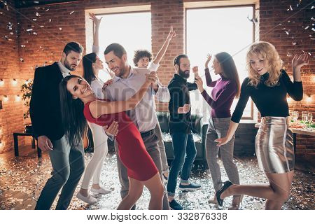 Photo Of Cheerful Charming Positive Couple Of Two People Dancing Valse Surrounded By Their Fellows I