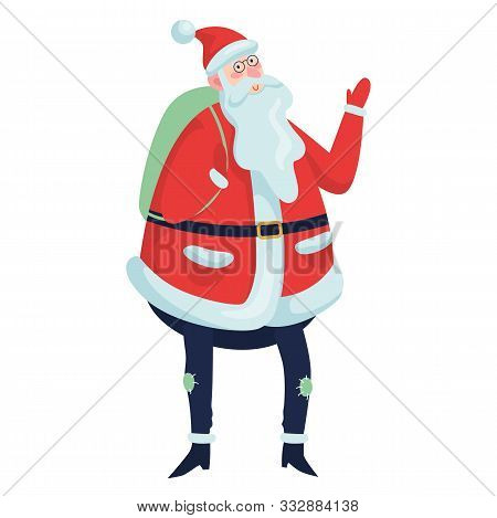 Santa Claus Standing With A Big Backbag Full Of Presents. Cute