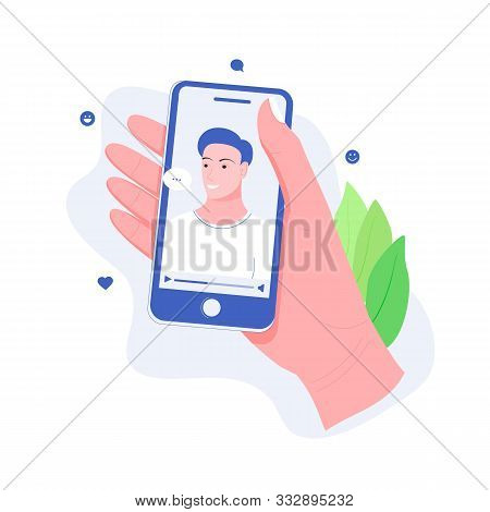 Concept Of Online Chat App. Video Chatting Online On Smartphone. Hand Holds Smartphone With Video Ch