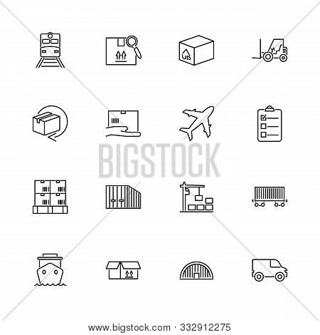 Cargo Box, Export Freight Outline Icons Set - Black Symbol On White Background. Cargo, Export Freigh