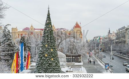 Rostov-on-don, Russia - January 2019: The Main New Year Tree On Bolshaya Sadovaya Street, View From 
