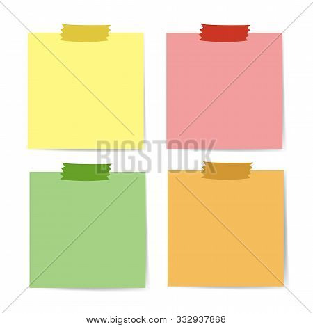 Set Of Various Colors Note Papers With Adhesive. Tape On White Background.