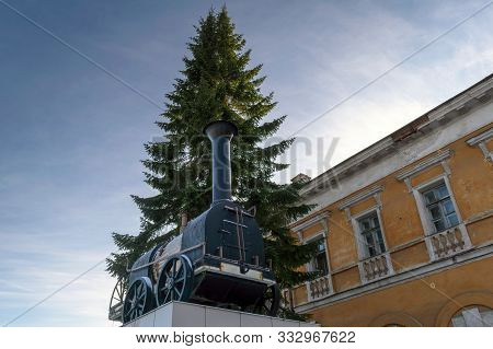 November 9, 2019 Nizhny Tagil, Sverdlovsk Region, Russia. Model Of The First Russian Steam Locomotiv