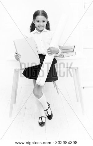 Happy About Own Project. Girl Hold Folder And Whatman Paper. Kid School Uniform Happy Face Ready Wit