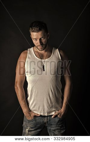 Fashion And Beauty. Handsome Mucho Guy In Vest. Style And Look, Barber. Fashion Model On Grey Backgr