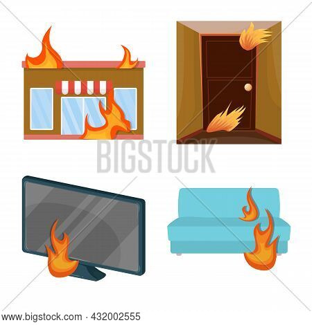Vector Illustration Of Firefighters And Fire Icon. Collection Of Firefighters And Equipment Vector I