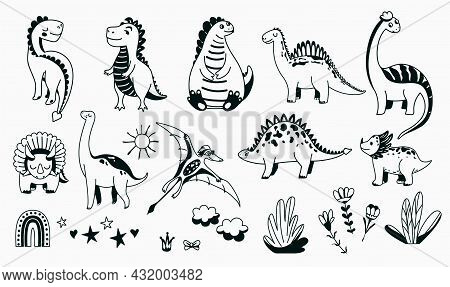 Dino Cute Icon Vector Illustration Set With Animal Baby Dinosaurs And Design Elements In Sketch Grap