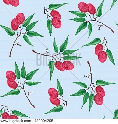 Bright Pink Lychee Fruits On Branches With Green Leaves On A Blue Background. Seamless Pattern. Hand