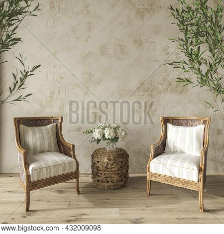 Coastal Design Living Room. Mock Up Stucco Wall In Cozy Home Interior Background. Hampton Style 3d R