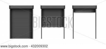 Set Of Black Window Blinds. Realistic Plastic Window Shutters. Closed And Open Jalousie Mockup Templ