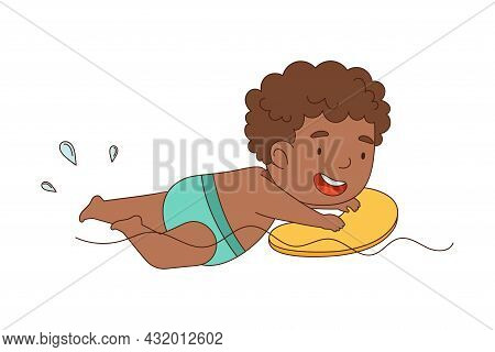 Little African American Boy With Pool Board Swimming In Water Vector Illustration