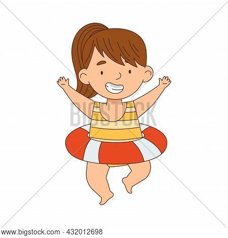 Little Girl With Rubber Ring For Swimming In Water Jumping With Joy Vector Illustration