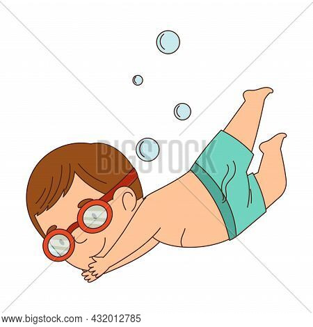 Little Boy In Trunks And Goggles Swimming In Water Vector Illustration