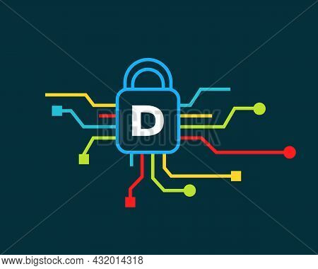 Cyber Security Logo With D Letter Concept. D Letter Logo For Cyber Protection, Technology  And Biote