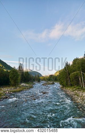 Vacation Landscape. Russian Altai Mountains. Multa Region. Holiday At Home. Staycation Concept. Rive