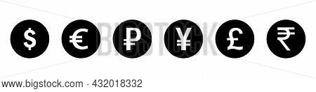 World Currencies. Dollar, Euro, Ruble, Yen, Pound, Rupee. Coin Icons Isolated On White Background. V