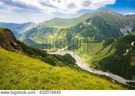 Scenic Views Of Georgia Mountains And Canyons From Above Around Kazbek Mountain