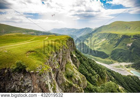 Scenic Views Of Georgia Mountains And Canyons From Above Around Kazbek Mountain
