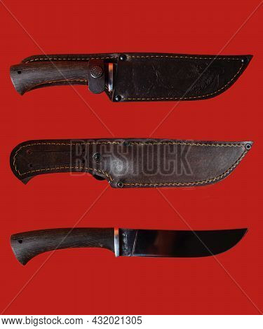 A Set Of Kitchen Knives In A Leather Case On A Red Background.