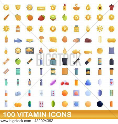 100 Vitamin Icons Set. Cartoon Illustration Of 100 Vitamin Icons Vector Set Isolated On White Backgr