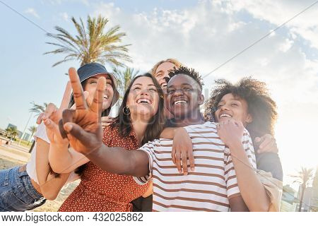 A Group Of Young People Take A Selfie Taking The Victory Sign. Concept Of Celebrating Success, Stude