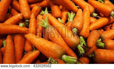 Group Of Carrots. Close-up Carrots Texture. Fresh Organic Carrots. Bunch Of Fresh Carrots
