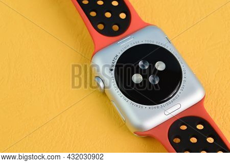 Klang, Malaysia: September 6, 2021 - Back View Of Apple Watch Sport. Modern Technology