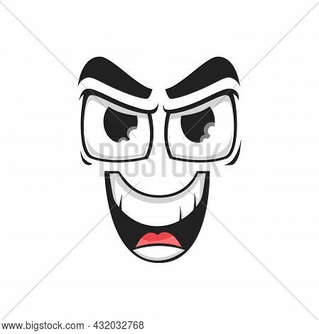 Cartoon Face Vector Gloat Laugh Emoji With Angry Eyes And Laughing Toothy Mouth. Malefactor Facial E