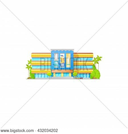 Cinema Theater Or Movie Hall, House Building Icon, Vector Entrance Front With Billboards. City Cinem