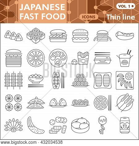 Japanese Fast Food Line Icon Set, Asian Cuisine Symbols Collection Or Sketches. Oriental Dishes Thin