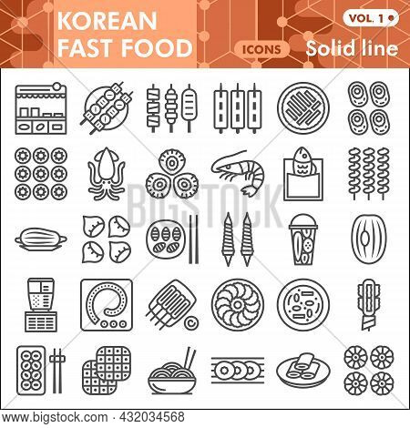 Korean Fast Food Line Icon Set, Asian Cuisine Symbols Collection Or Sketches. Catering Solid Line Li