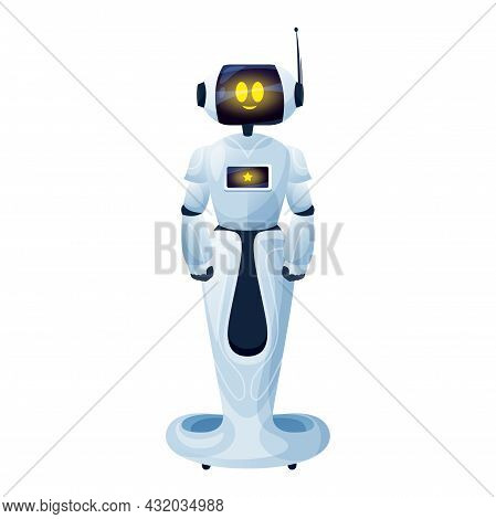 Artificial Intelligence Robotic Machine Robot Man On Stand Isolated. Vector Android Toy On Remote Co