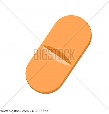 Orange Caplet Isolated On White Background. Capsule Shaped Medicinal Tablet. Medical Therapy Concept