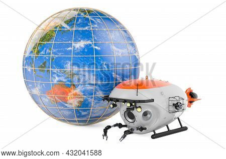 Bathyscaphe With Earth Globe, 3d Rendering Isolated On White Background