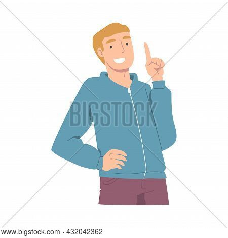 Smiling Man Character Pointing With Index Finger As Hand Gesture Vector Illustration