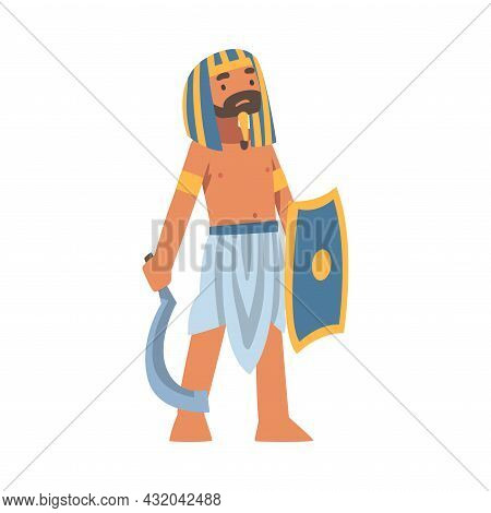 Egyptian Man Character With Shield And Blade Wearing Authentic Garment And Nemes Vector Illustration