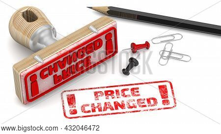 Price Changed. The Stamp And An Imprint. Wooden Stamp And Red Imprint Price Changed On White Surface