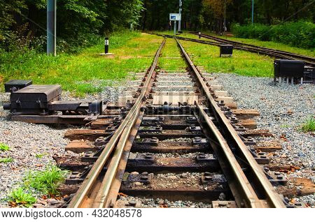 Detailed View Of Narrow Gauge Railway Arrow. Kyiv Children's Railway In Syretsky Park. Important Ele