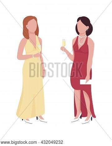 Beautiful Ladies Attending Formal Event Semi Flat Color Vector Characters. Full Body People On White