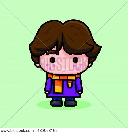 Children Toy Doll In A Winter Dress With Blond Hair. Cute Comic Character Isolated Vector Illustrati