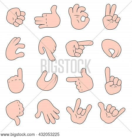 Cartoon Hands Set In Different Gestures. Hands Show Signs. Different Hand Positions, Isolated On Whi