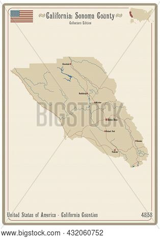 Map On An Old Playing Card Of Sonoma County In California, Usa.