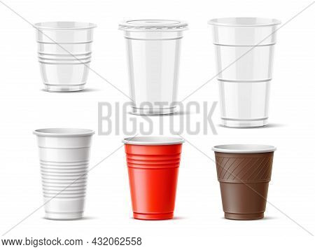 Plastic Cups. Realistic Transparent And Color Drinks Takeaway Mugs, Hot And Cold Beverages Container