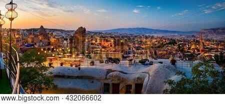 Goreme Town On Sunset In Cappadocia, Central Anatolia, Turkey