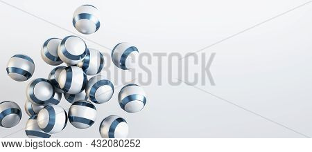 Creative Wide Image Of Shiny Metal Blue And White Balls On Grey Background With Mock Up Place. Desig