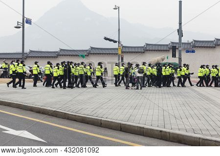 Column Of Policemen On The Main Street. Protests And Demonstrations Of The People. Seoul, South Kore