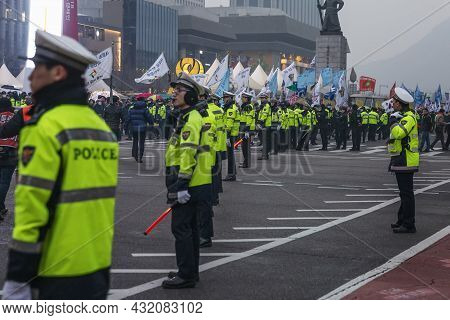 Column Of Policemen On The Main Street. Protests And Demonstrations Of The People. Seoul, South Kore